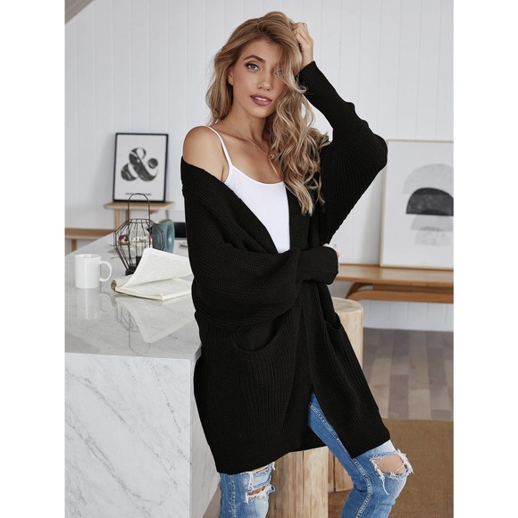 Batwing Sleeve Solid Cardigan with pockets black oversized - Picture 6 of 6